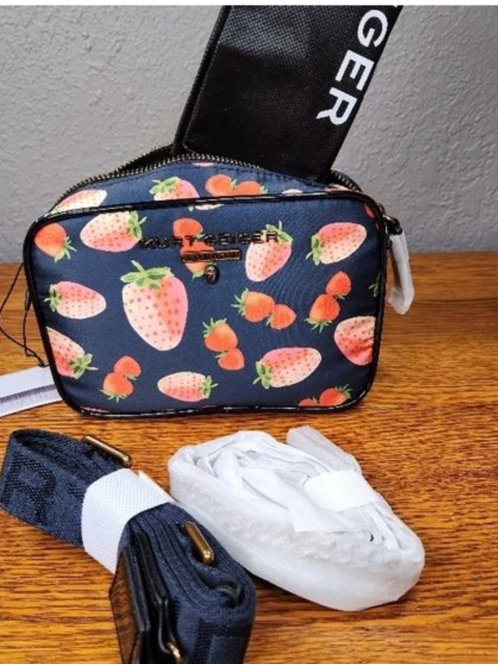 Kurt Geiger strawberry print camera crossbody bag purse with dustbag NWT